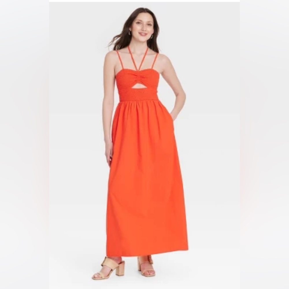 Women's Orange Smocked Cut-Out Maxi Sundress